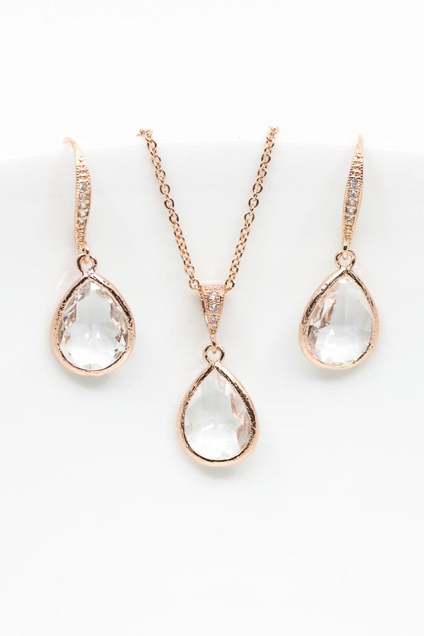 Set Rosegold Kristall Tropfen Set Hochzeit Brautschmuck - Catalea - Schlichter Schmuck - Minimalistischer Schmuck - Modeschmuck