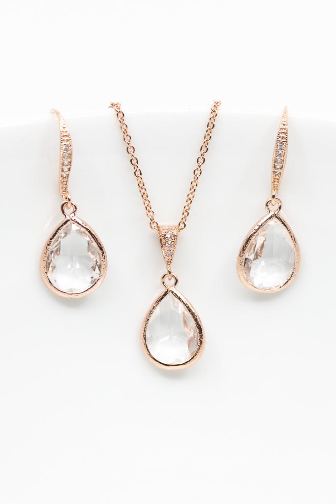 Set Rosegold Kristall Tropfen Set Hochzeit Brautschmuck - Catalea - Schlichter Schmuck - Minimalistischer Schmuck - Modeschmuck