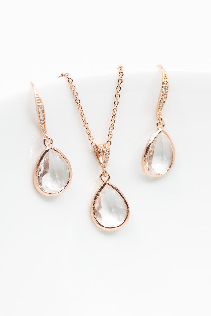 Set Rosegold Kristall Tropfen Set Hochzeit Brautschmuck - Catalea - Schlichter Schmuck - Minimalistischer Schmuck - Modeschmuck